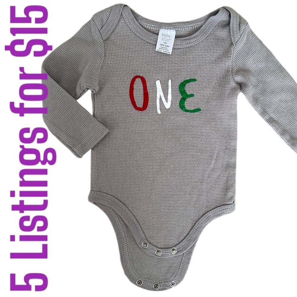 5/$15 ‘One’ Baby Long Sleeve Thermal Bodysuit NWOT 12 Months cotton